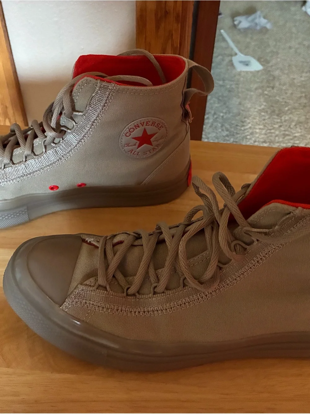 Converse Mid-Top Sneakers in Taupe with Red Star Accent